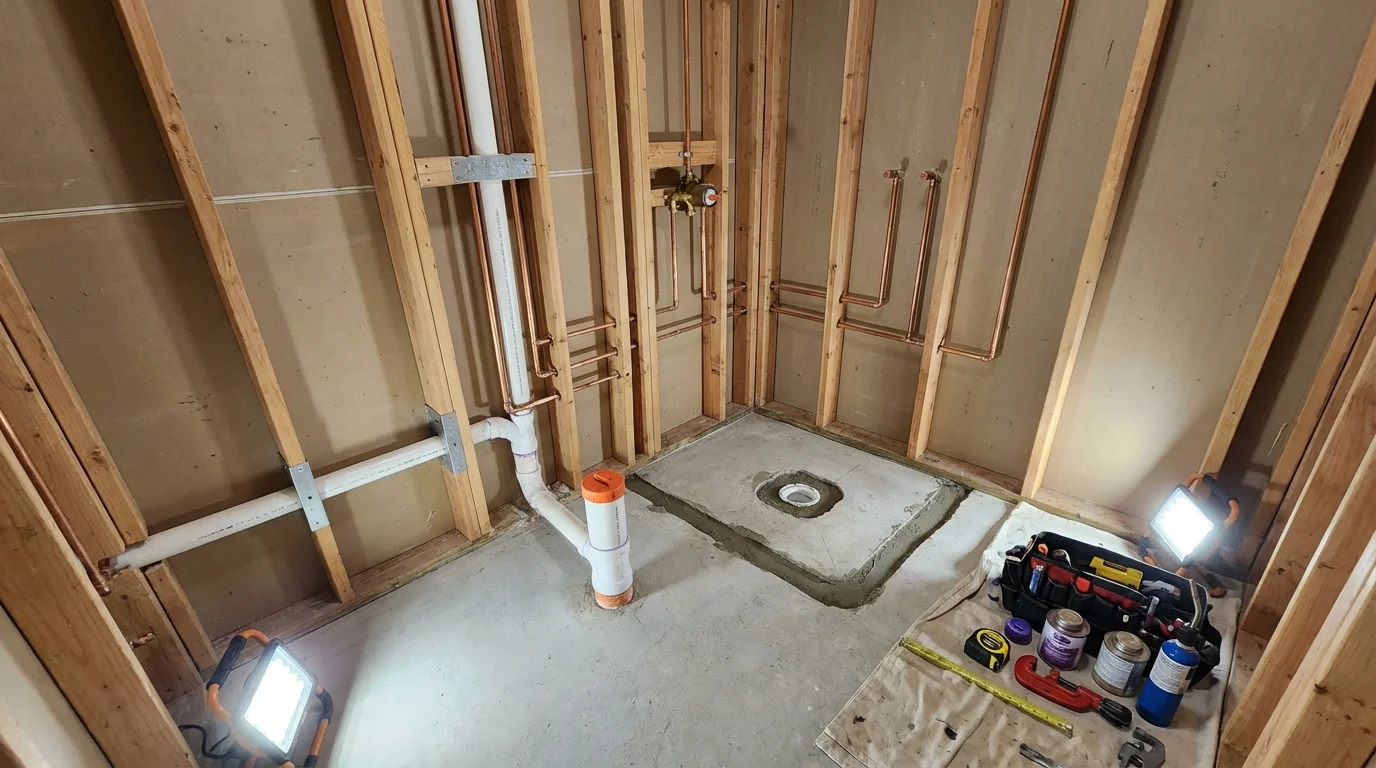 Bathroom rough-in plumbing during remodel by Johns Plumbing LLC in Lake Junaluska