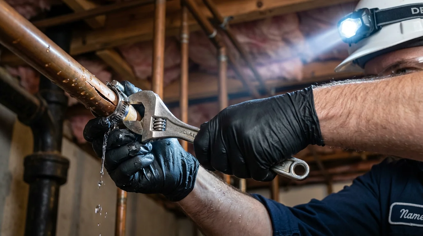 Emergency pipe clamp repair being performed by a Johns Plumbing LLC plumber in Lake Junaluska
