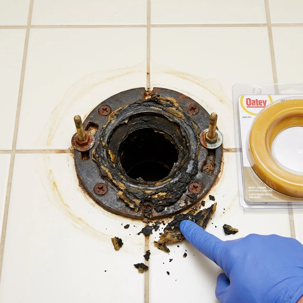 Failed wax ring showing water seepage at the base of a toilet in a Lake Junaluska, NC home