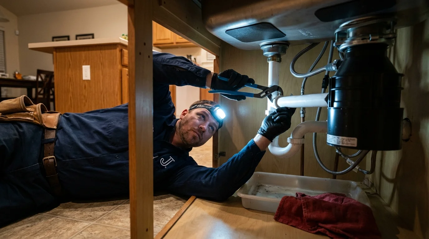 P-trap and supply line connections under a kitchen sink showing a common leak point in Lake Junaluska, NC